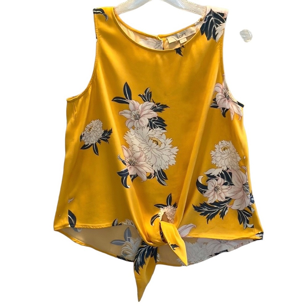 LOFT golden yellow floral waist tie top sleeveless top blouse sz petite medium